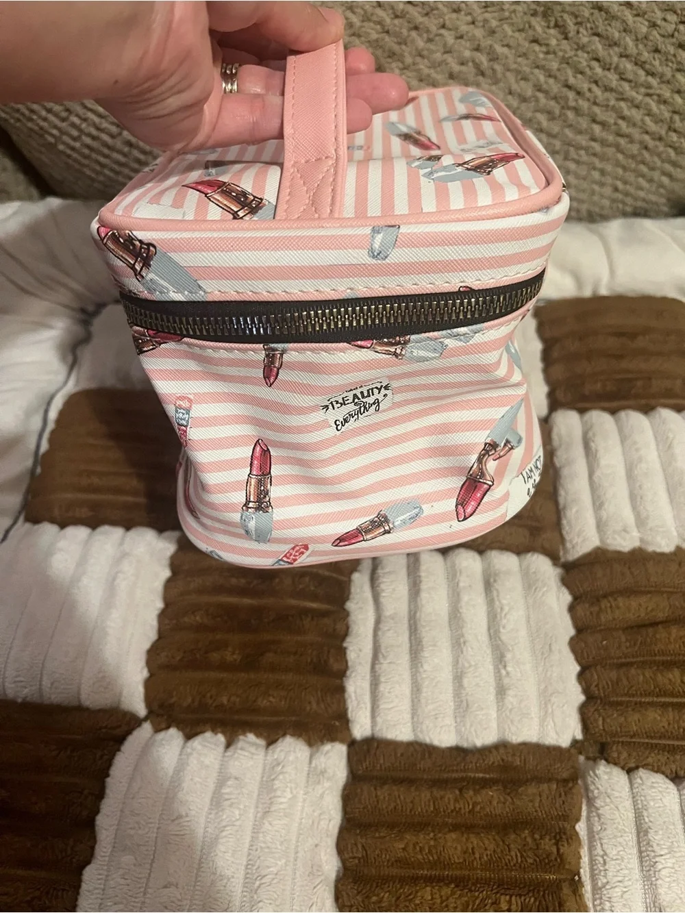 Pink Striped Cosmetic Train Case with Lipstick Print